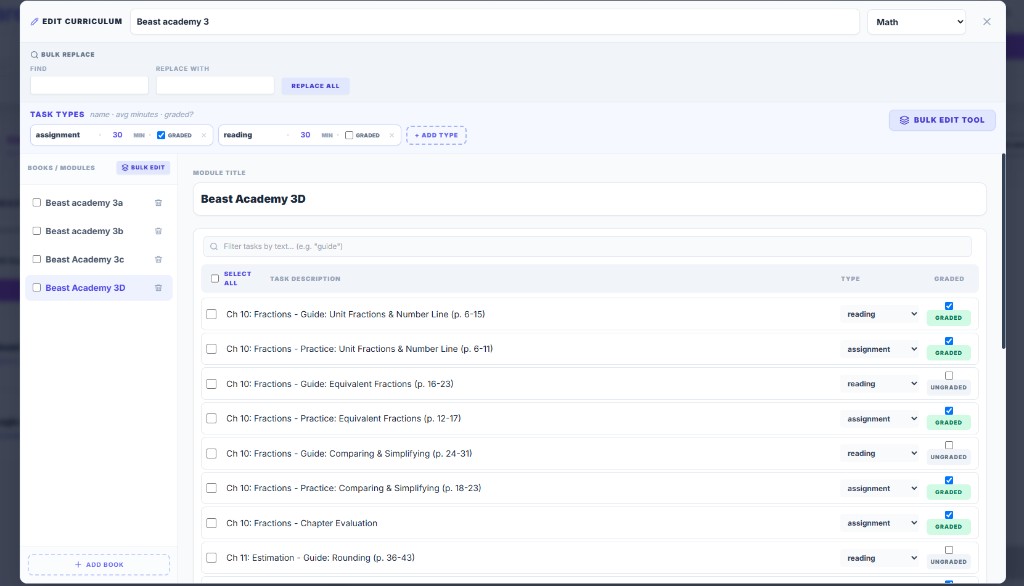 Edit Curriculum screen: build your year once in the Vault
