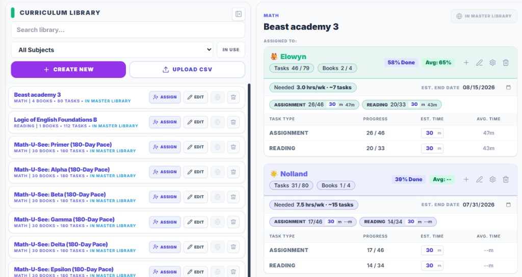 Curriculum Vault: library of courses with per-student pacing, progress, and weekly hour estimates