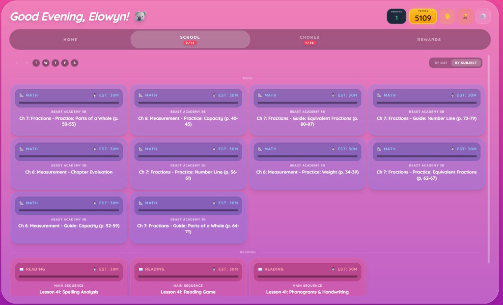 Student School tab: lessons ready to check off