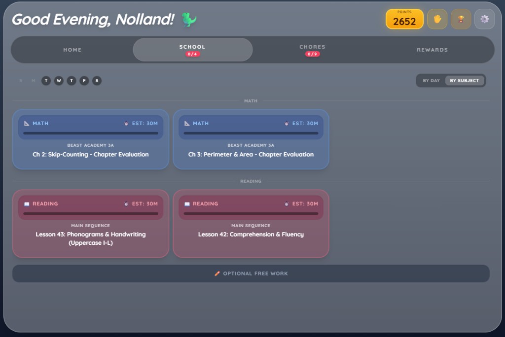 Student dashboard: daily school tasks organized by subject